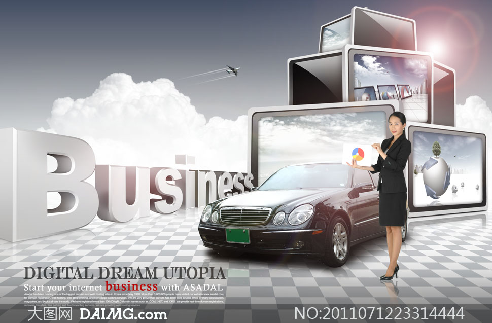 轿车电视屏幕与销售人员psd分层素材 - 大图网