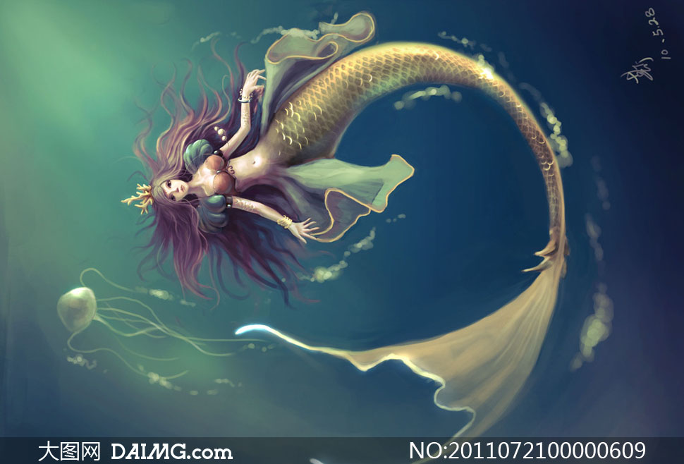 水中倒立游动的人鱼公主绘画图片素材 - 大图网