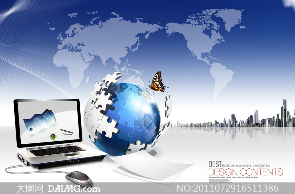 笔记本电脑世界地图蝴蝶PSD分层素材 - 大图网