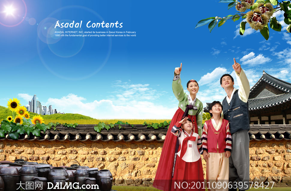 身穿韩服的一家人手势指向PSD分层素材 - 大图