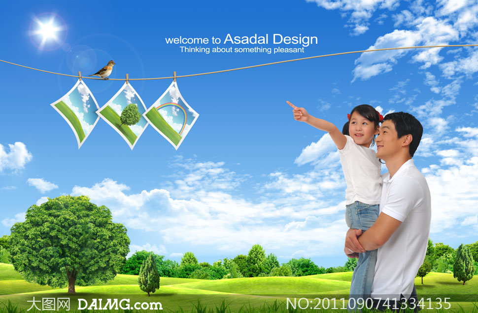 小女孩的父亲与大片草地PSD分层素材 - 大图网