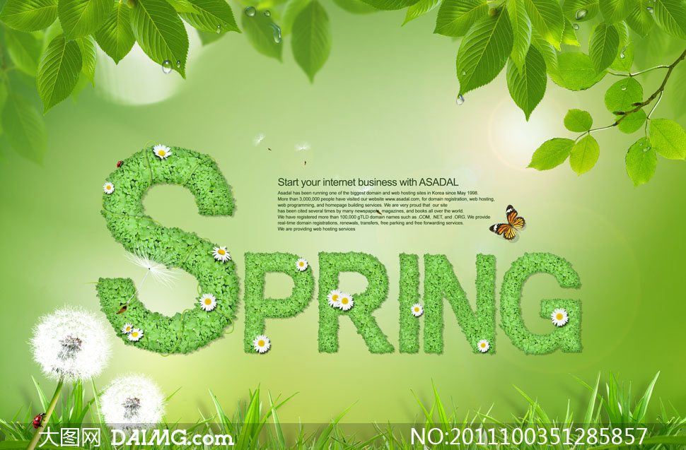 素材树叶与SPRING创意资质v素材PSD要求字体建筑设计需要的草丛分层图片