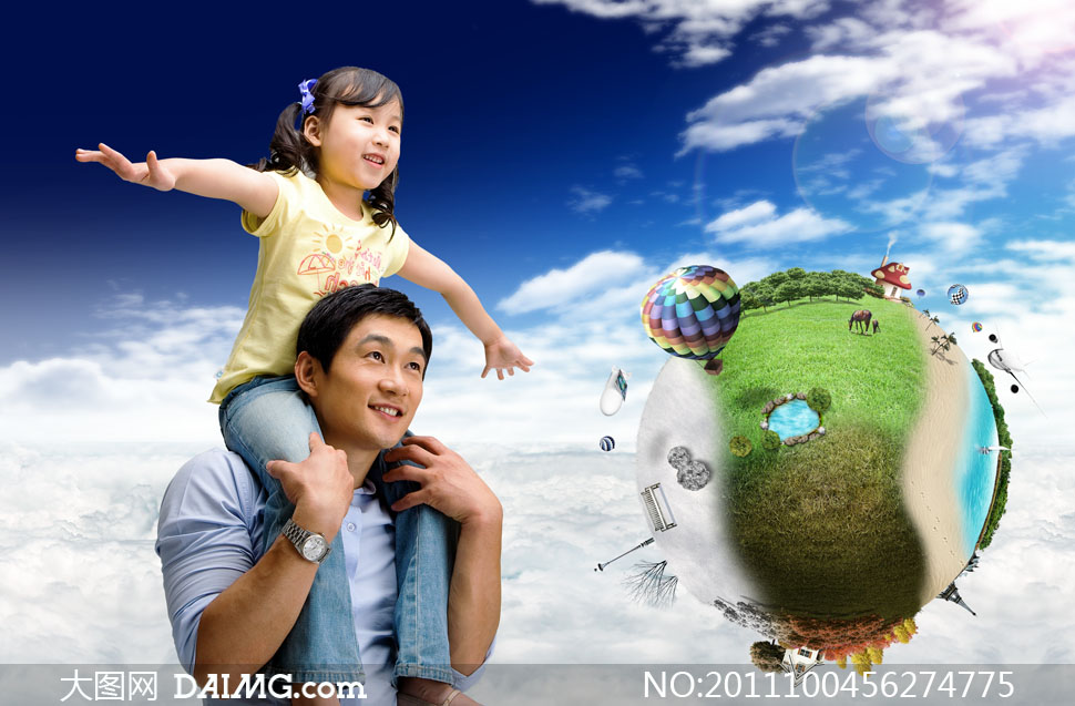 骑在爸爸脖子上的小女孩子PSD分层素材 - 大图