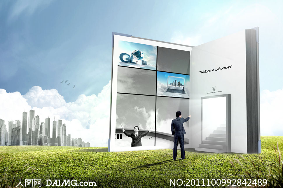 草地上竖立着打开的一本书PSD分层素材 - 大图