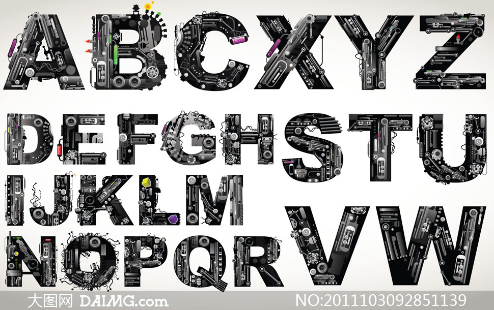 机械元素装饰的英文字母矢量素