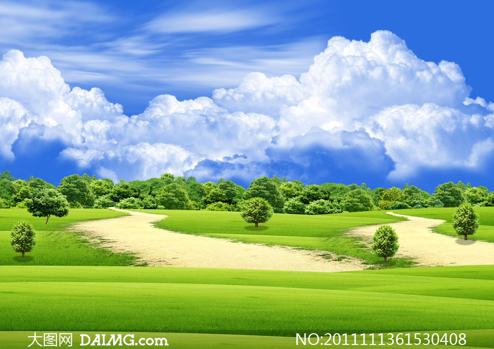 蓝天白云树林草地风景高清摄影图片 - 大图网设