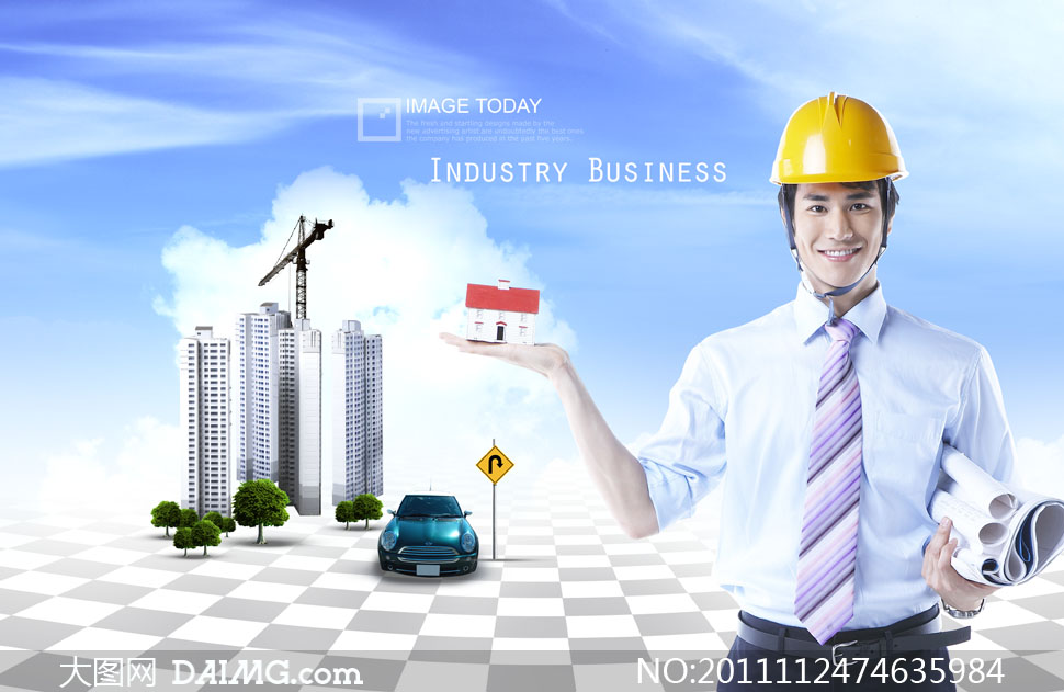 蓝天白云与建筑工程师人物PSD分层素材 - 大图