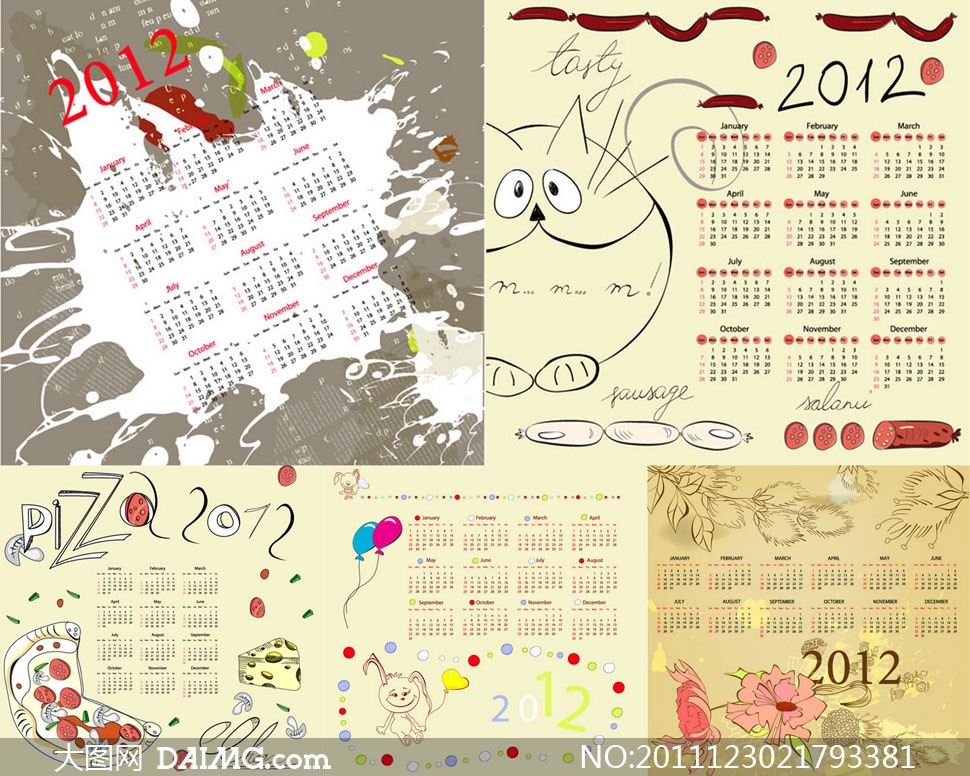 绘画等多风格2012日历矢量素材 - 大图网设计素材下载
