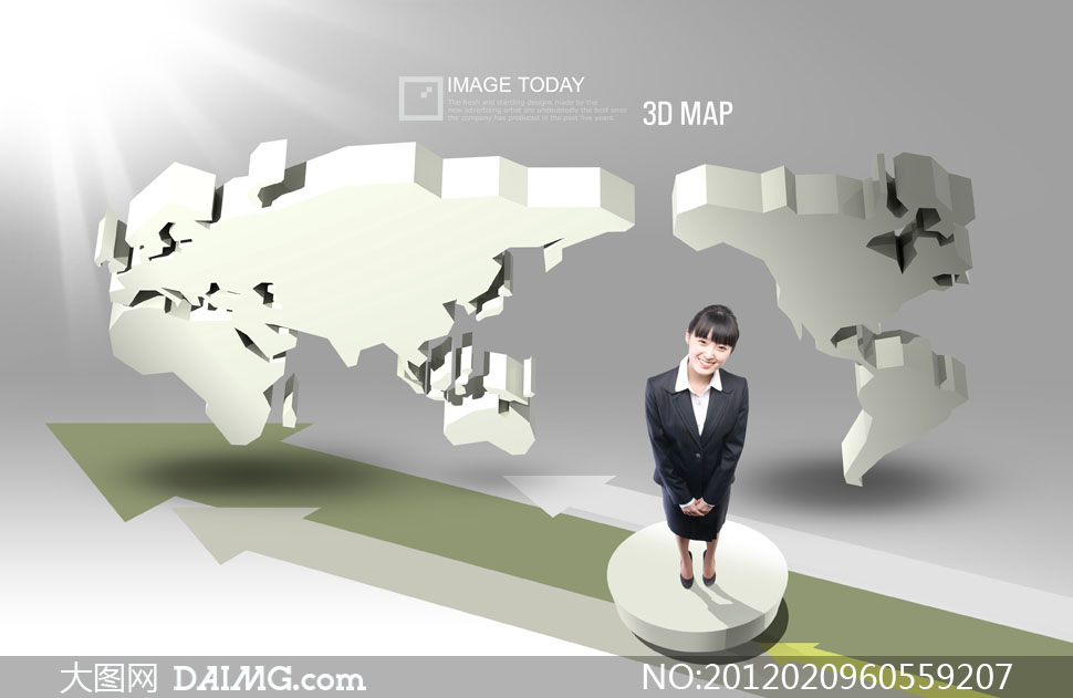 立体世界地图与礼仪小姐PSD分层素材 - 大图网