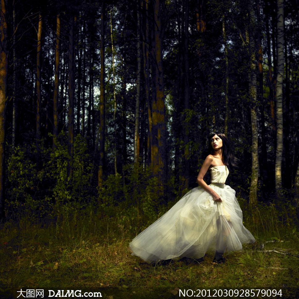 树林中身穿婚纱的美女人物高清摄影图片 - 大图