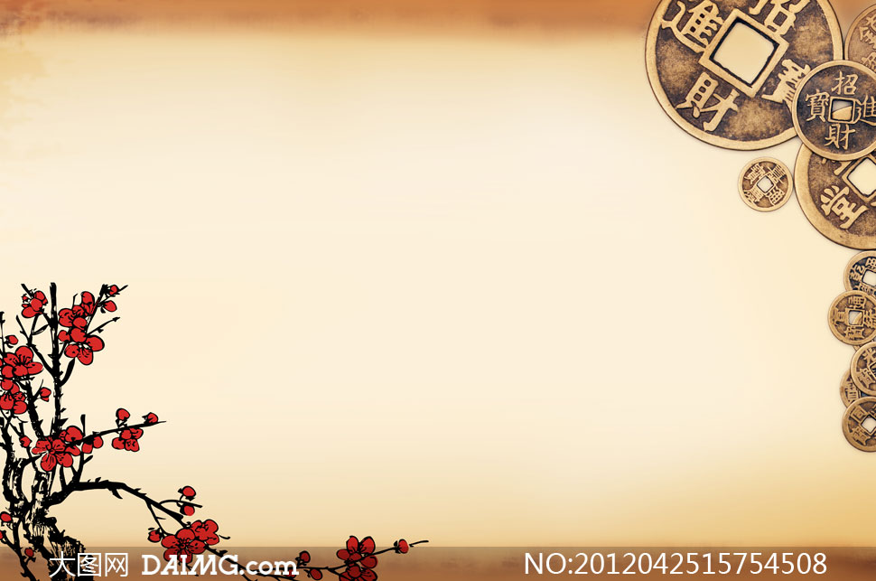 大图首页 高清图片 中华传统 > 素材信息 铜钱与梅花古典背景高清图片