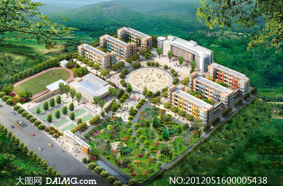 园林绿化学校鸟瞰图景观图效果图楼房广场公路