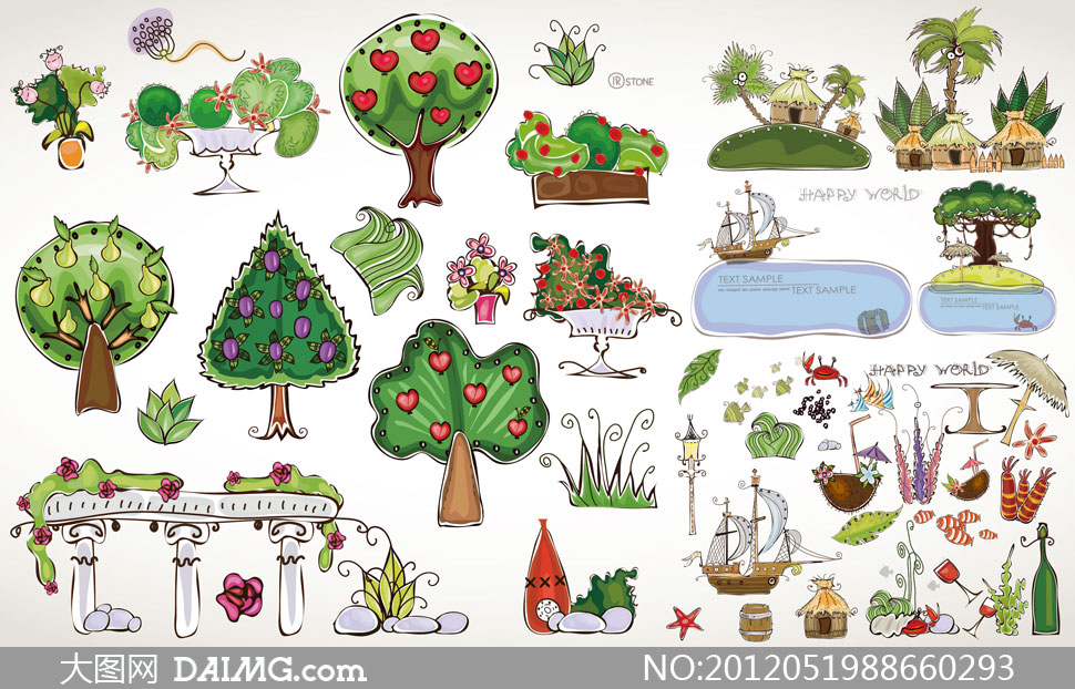 树木等卡通夏天主题矢量素材 - 大图网设计素材