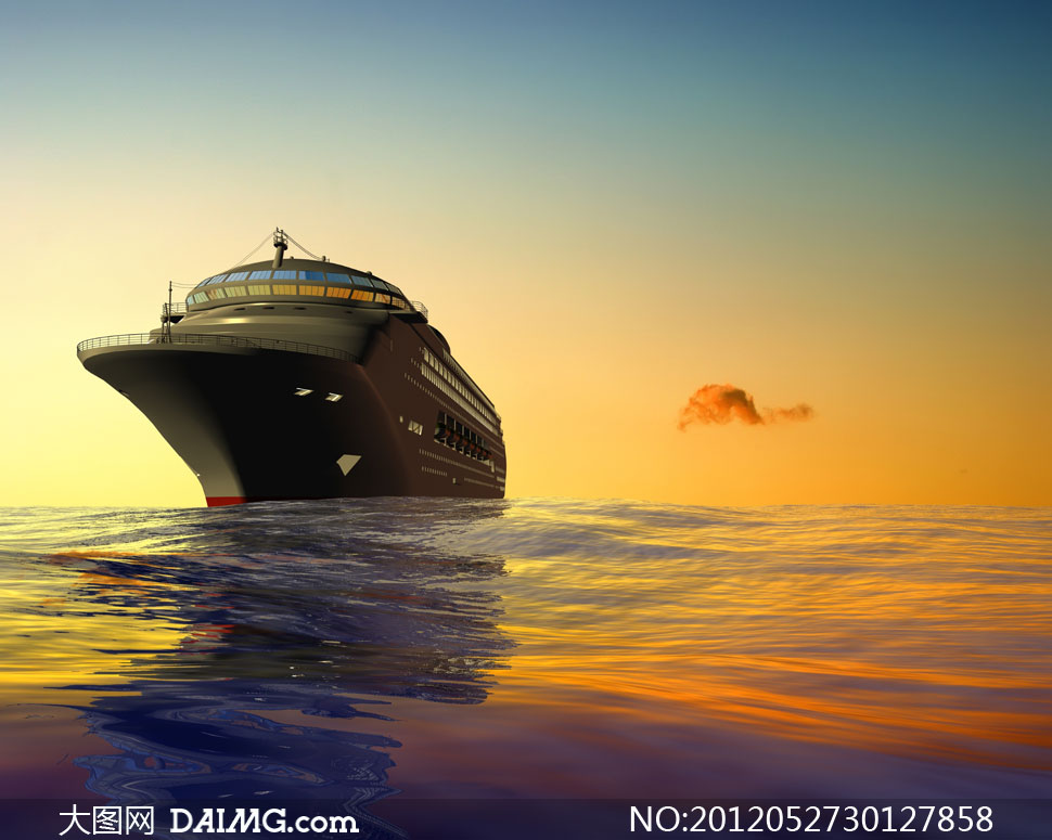 黄昏航行在大海上的船只摄影高清图片