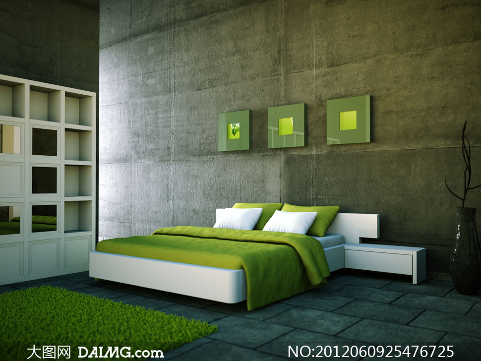 绿色卧室家具摆设布置高清摄影