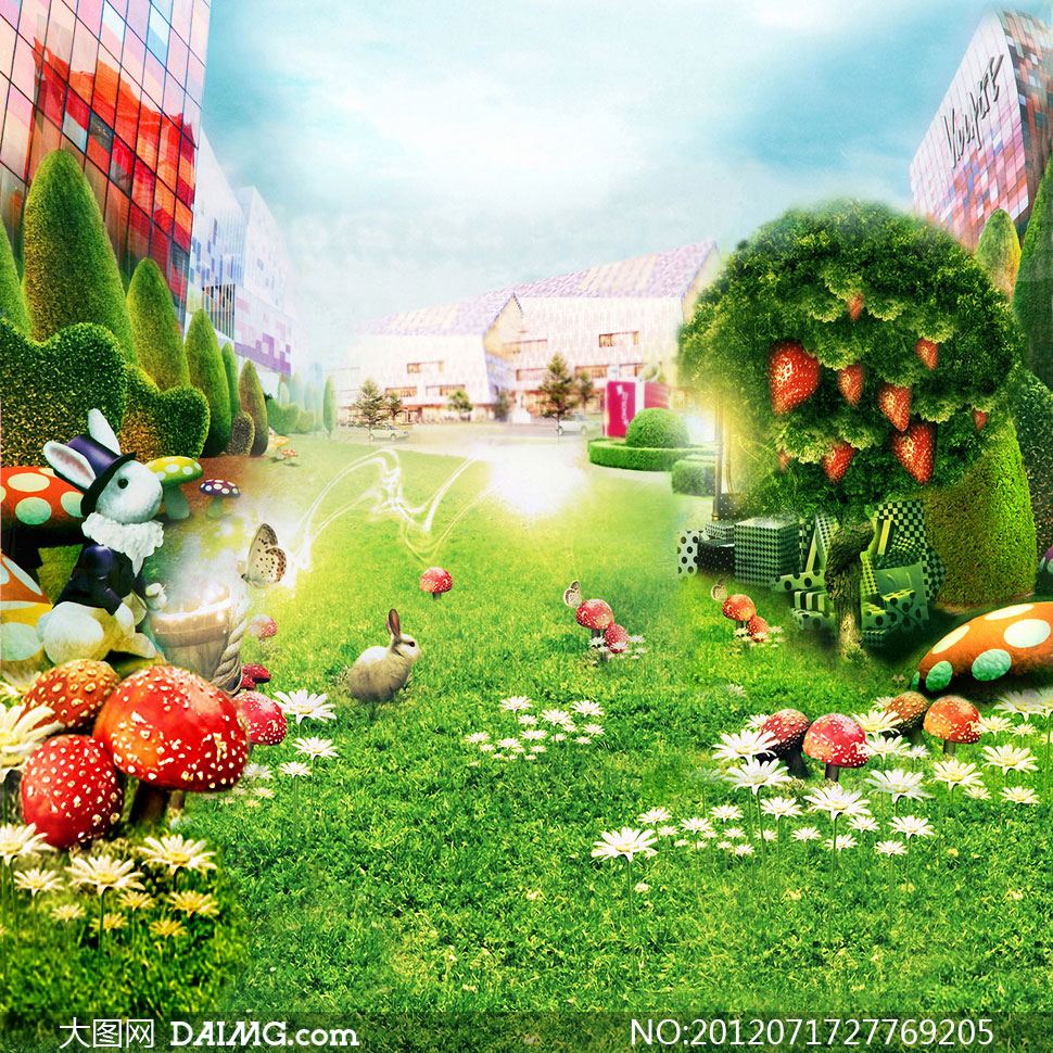 草莓树与草地兔子影楼摄影背景图片 - 大图网设