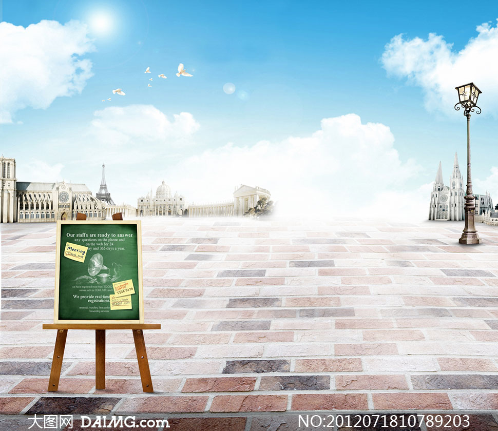 蓝天白云黑板路灯影楼摄影背景图片 - 大图网设