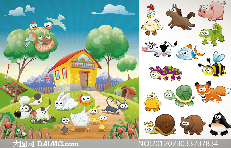 农场里的卡通动物矢量素材 - 大图网设计素材下