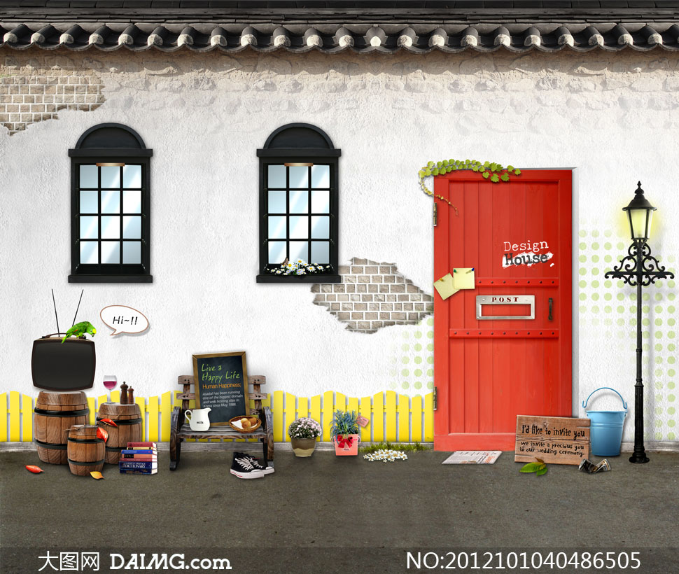 红颜色房门与什物影楼摄影背景图片 - 大图网设