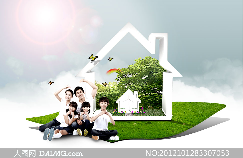 幸福一家人与房屋创意psd分层素材