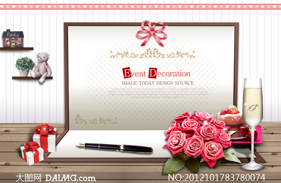 打开的贺卡与玫瑰礼物PSD分层素材 - 大图网设