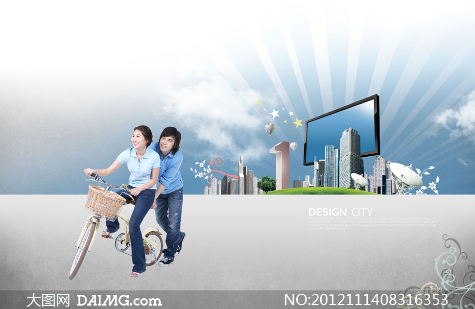 骑单车的情侣男女人物PSD分层素材 - 大图网设