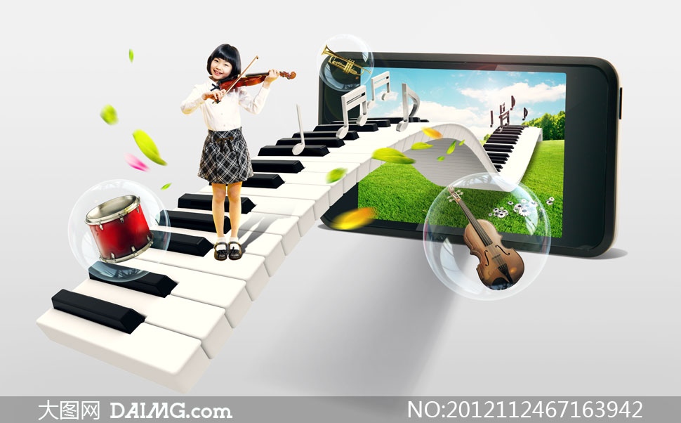 琴键上拉小提琴的女孩PSD分层素材 - 大图网设