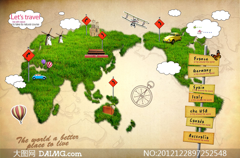 手绘指南针路牌路标汽车热气球云朵蝴蝶指示牌